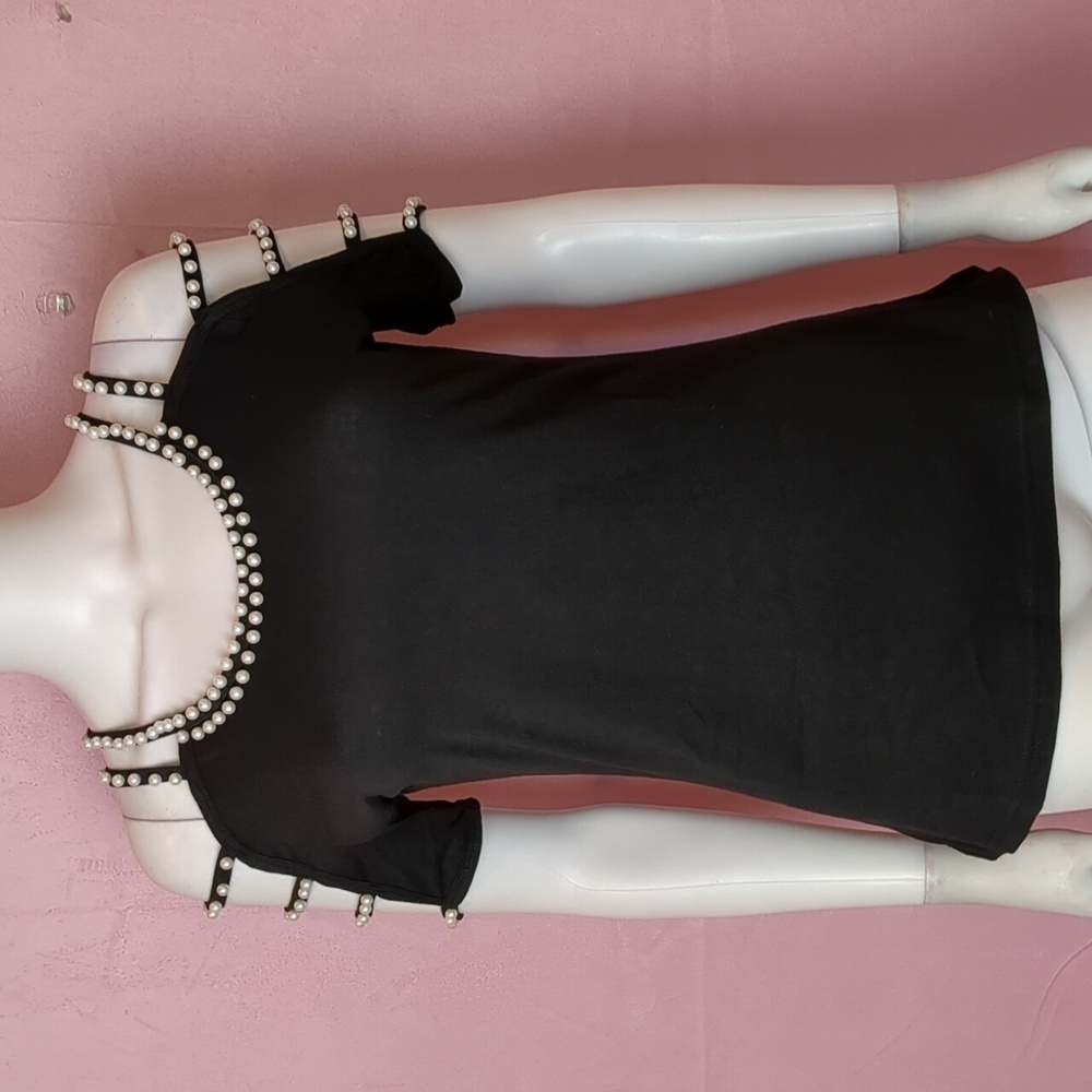 Black Scoop Neck Pearl Embellished Cold Shoulder Top size Medium